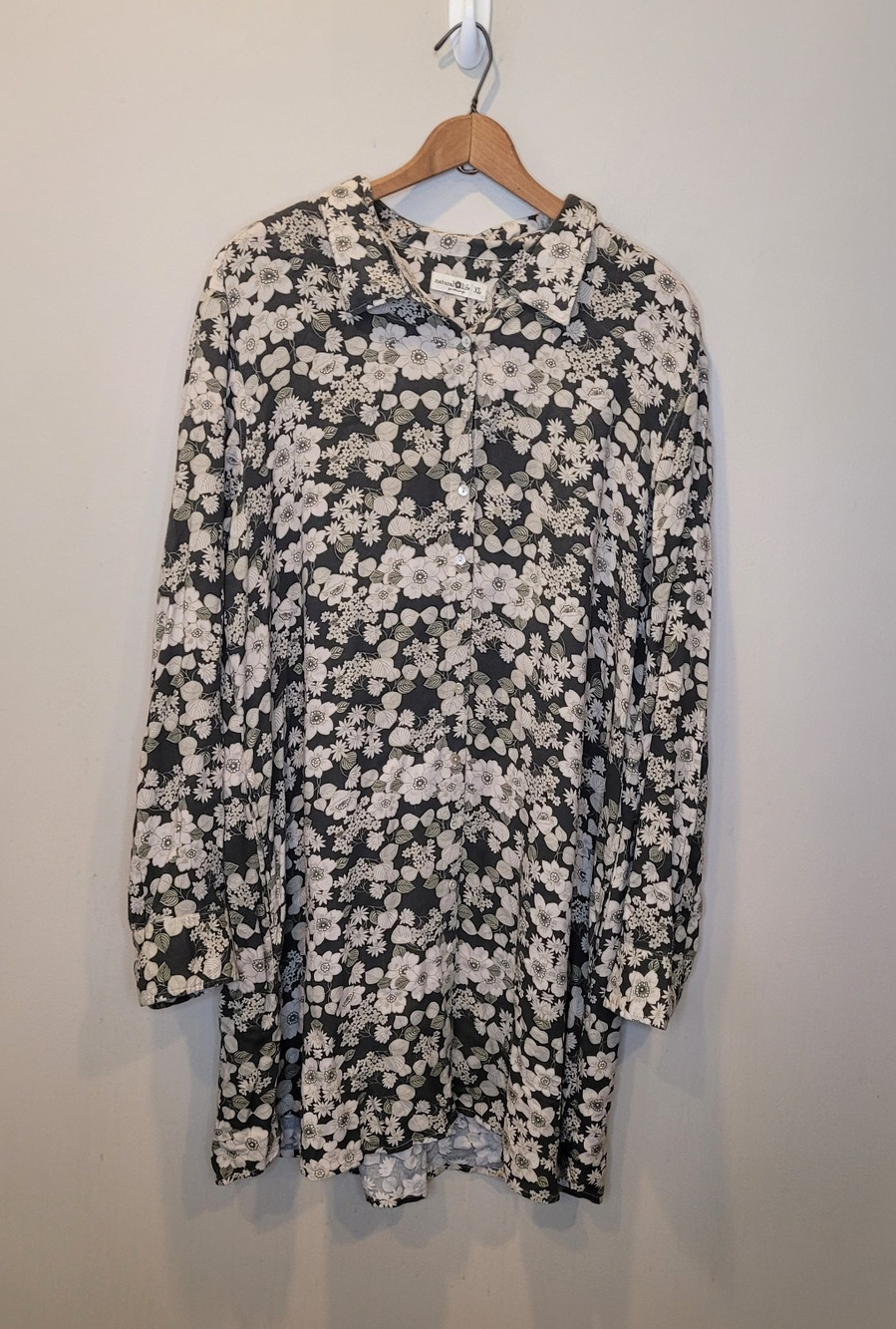 Natural Life Georgia Gray Floral Long Sleeve Button Up Shirt Dress Size XL Boho